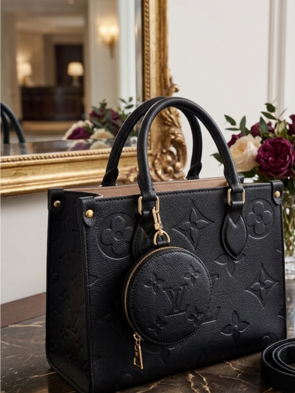 Blk Embossed Leather Tote with Round Pouch read 👇